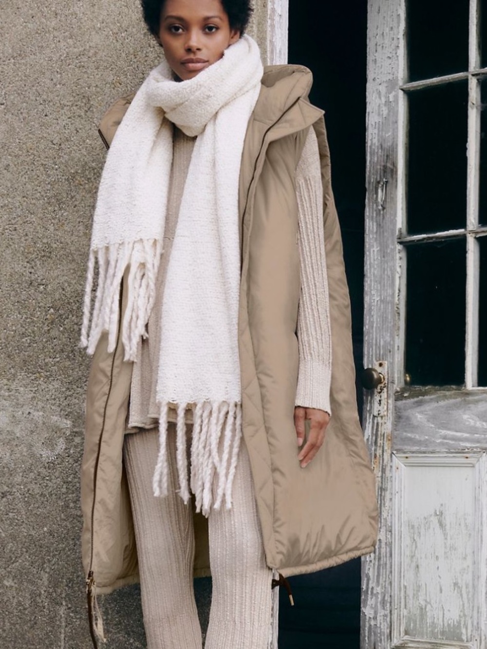 Free People Long Hooded Puffer Vest in Tan with Cream Scarf